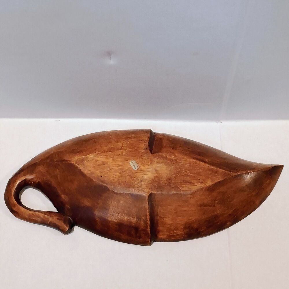Vintage Monkey Pod Wood Leaf Shaped Tray-Handmade-Fruit Bowl-Charcuterie-MCM - Picture 2 of 8